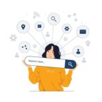 Woman holding web browser online,search engine bars, seo optimization, concept illustrations